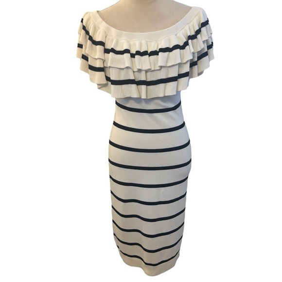 Line + Dot Black White Striped Off The Shoulder Ruffle Knit Midi Dress Medium - Picture 1 of 11
